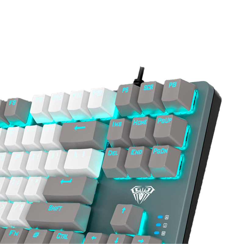 TECLADO AULA F3287 | MECANICO | SW-BLUE | LUZ CYAN | BLANCO-GRIS