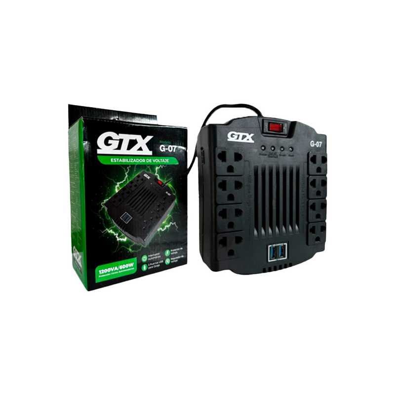 ESTABILIZADOR GTX MOD G-07 | 1200VA/600W | 8 TOMAS + 2 USB