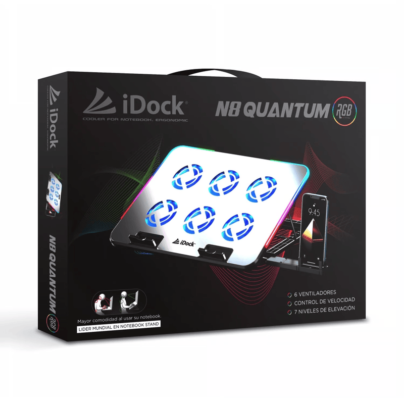 COOLER PARA LAPTOP IDOCK N8 QUANTUM | 6 VENTILADORES | PLATEADO | RGB