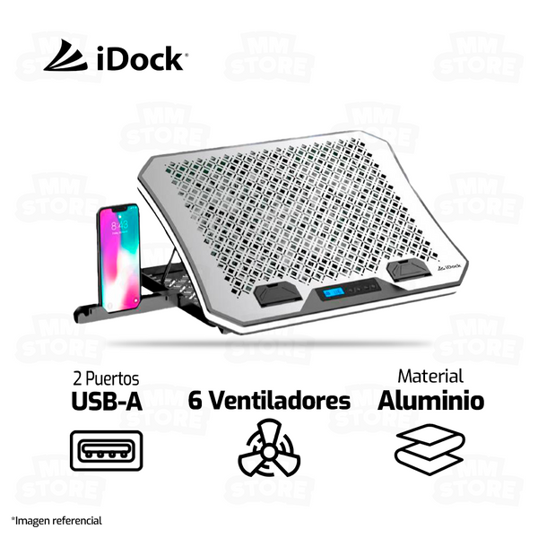 COOLER PARA LAPTOP IDOCK TURBINE N9 | 6 VENTILADORES | ALUMINIO | PLATEADO