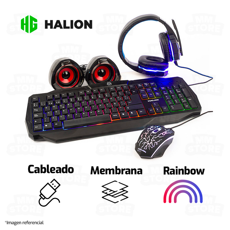 KIT 5 EN 1 HALION RACER HA-830C | TECLADO + MOUSE + AUDIFONO + PARLANTE + PAD M