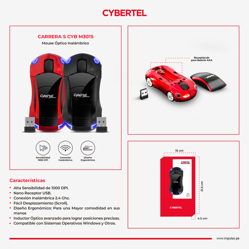 MOUSE CYEBRTEL CARRERAS S-CYB M301S | INALAMBRICO | 1,000 DPI | NEGRO