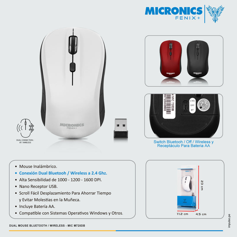 MOUSE MICRONICS FENIX+ MIC M720DB | BT - INALAMBRICO | 1600 DPI | NEGRO