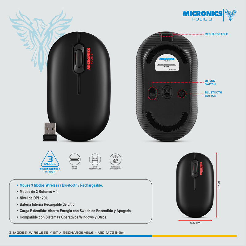 MOUSE MICRONICS FOLIE 3 MIC M725-3M | BT - INALAMBRICO |  1200 DPI | NEGRO