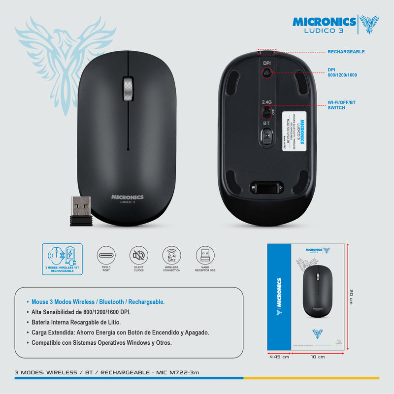 MOUSE MICRONICS LUDICO MIC M722-3M | BT - INALAMBRICO | 1600 DPI | NEGRO