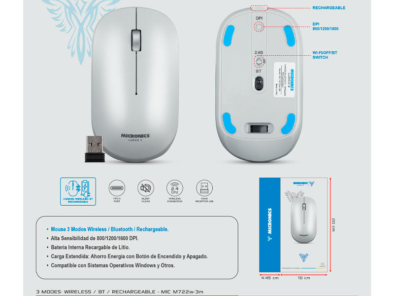 MOUSE MICRONICS LUDICO MIC M722W-3M | BT - INALAMBRICO | 1600 DPI | BLANCO