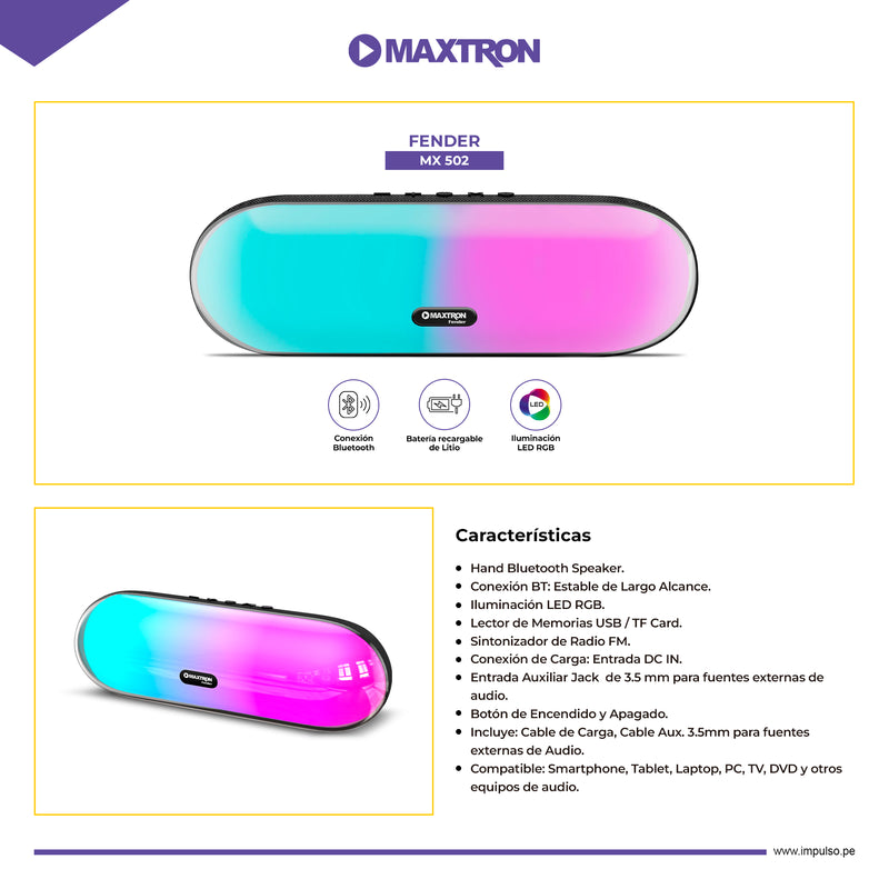 PARLANTE RECARGABLE MAXTRON FENDER MX502 | BLUETOOTH | RGB