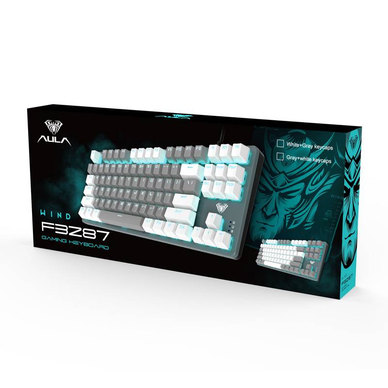 TECLADO AULA F3287 | MECANICO | SW-BLUE | LUZ CYAN | GRIS-BLANCO