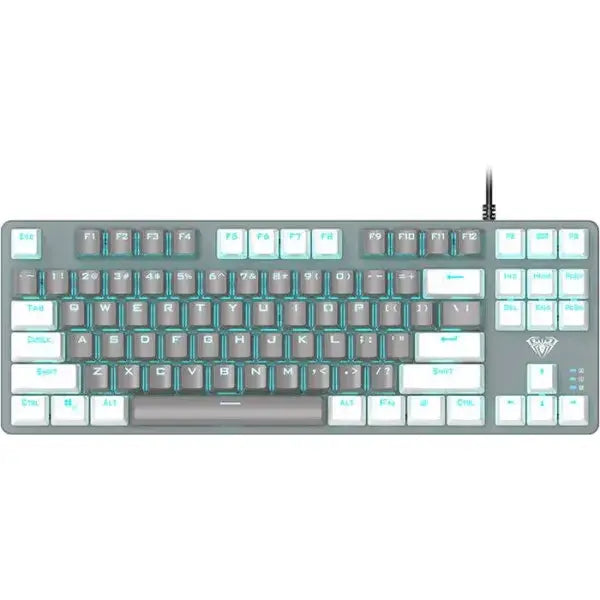 TECLADO AULA F3287 | MECANICO | SW-BLUE | LUZ CYAN | GRIS-BLANCO