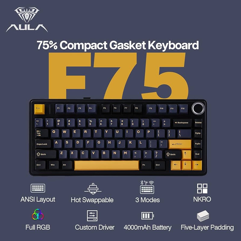 TECLADO AULA F75 | INALAMBRICO |  MECANICO | SW-GRAY | RGB | NEGRO-AMARILLO