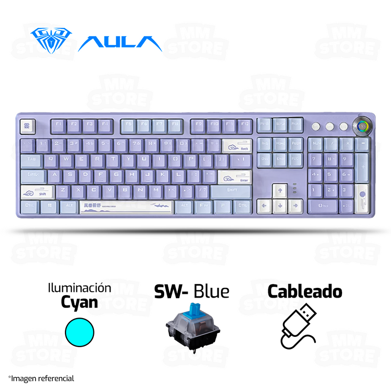 TECLADO AULA F2088 PRO | INGLES | MECANICO | SW-BLUE | LUZ CYAN | BLANCO-MORADO