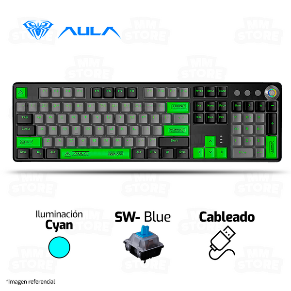 TECLADO AULA F2088 PRO | INGLES | MECANICO | SW-BLUE | LUZ CYAN | NEGRO-GRIS-VERDE