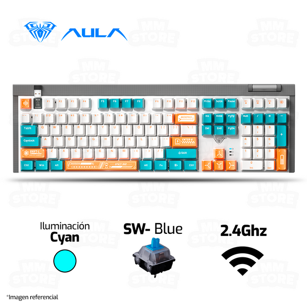 TECLADO AULA F3050 | INGLES | INALAMBRICO | MECANICO | SW-BLUE | LUZ CYAN