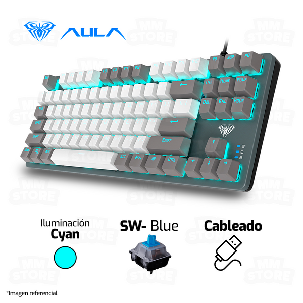 TECLADO AULA F3287 | MECANICO | SW-BLUE | LUZ CYAN | BLANCO-GRIS