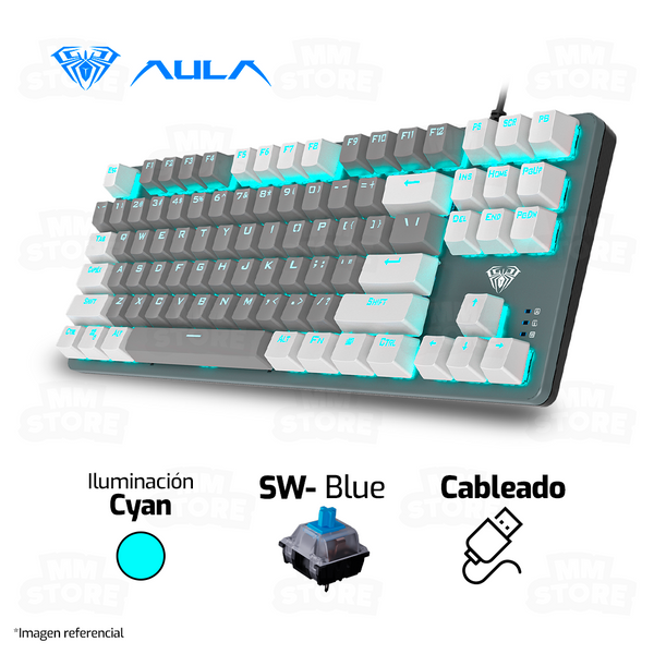 TECLADO AULA F3287 | MECANICO | SW-BLUE | LUZ CYAN | GRIS-BLANCO