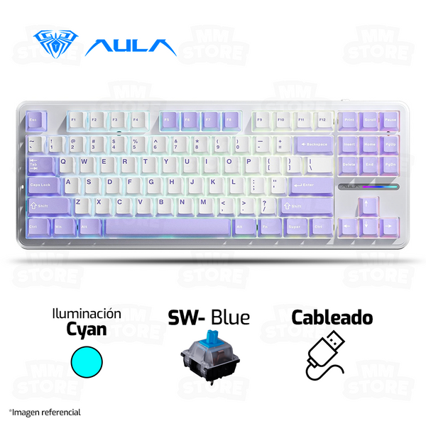 TECLADO AULA F87 | INGLES | MECANICO | SW-BLUE | LUZ CYAN | BLANCO-LILA