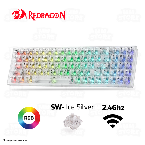 TECLADO REDRAGON POLLUX PRO K628CT | INGLES | INALAMBRICO | MECANICO | SW-ICE SILVER | RGB | BLANCO