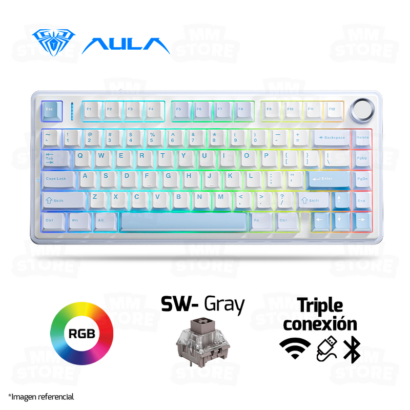 TECLADO AULA F75 | INALAMBRICO | MECANICO | SW-GRAY | RGB | BLANCO-CELESTE