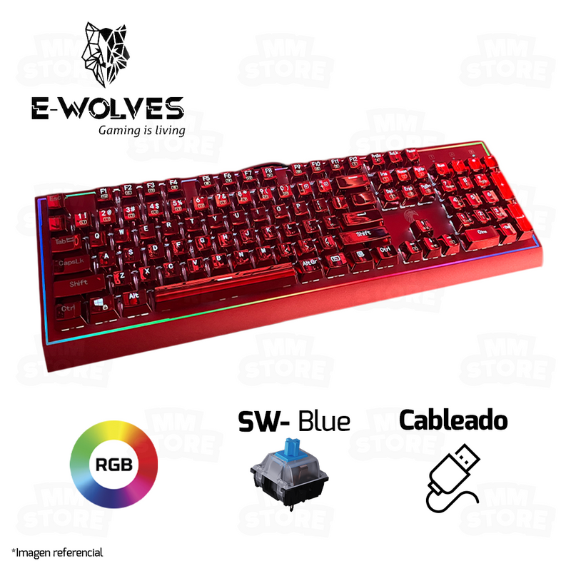 TECLADO E-WOLVES E-2233 | MECANICO | INGLES | SW-BLUE | RGB | ROJO