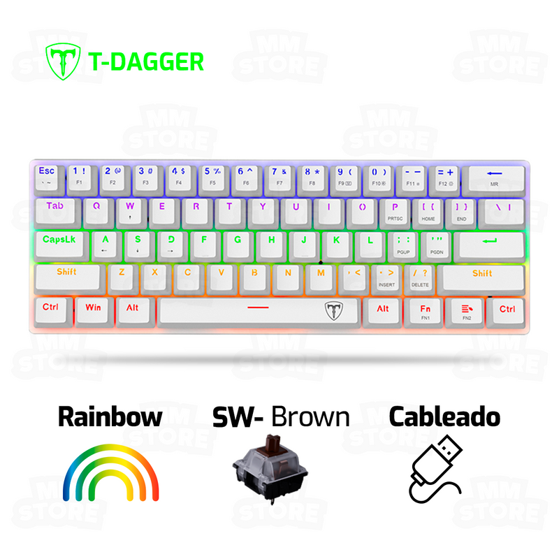 TECLADO T-DAGGER ARENA T-TGK321 | ESPAÑOL | MECANICO | SW-BROWN | RAINBOW | BLANCO