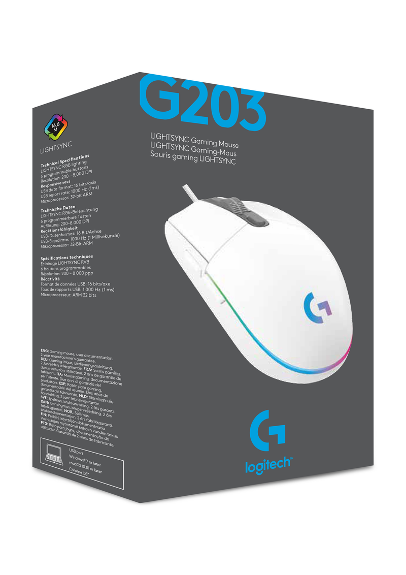 MOUSE LOGITECH G203 LIGHTSYNC | 8,000 DPI | RGB | BLANCO