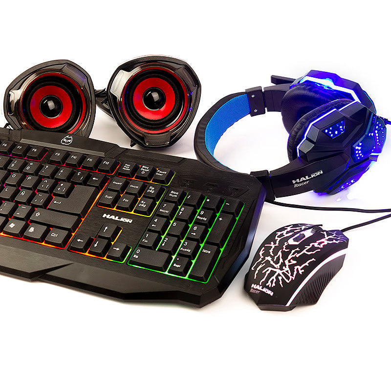 KIT 5 EN 1 HALION RACER HA-830C | TECLADO + MOUSE + AUDIFONO + PARLANTE + PAD M